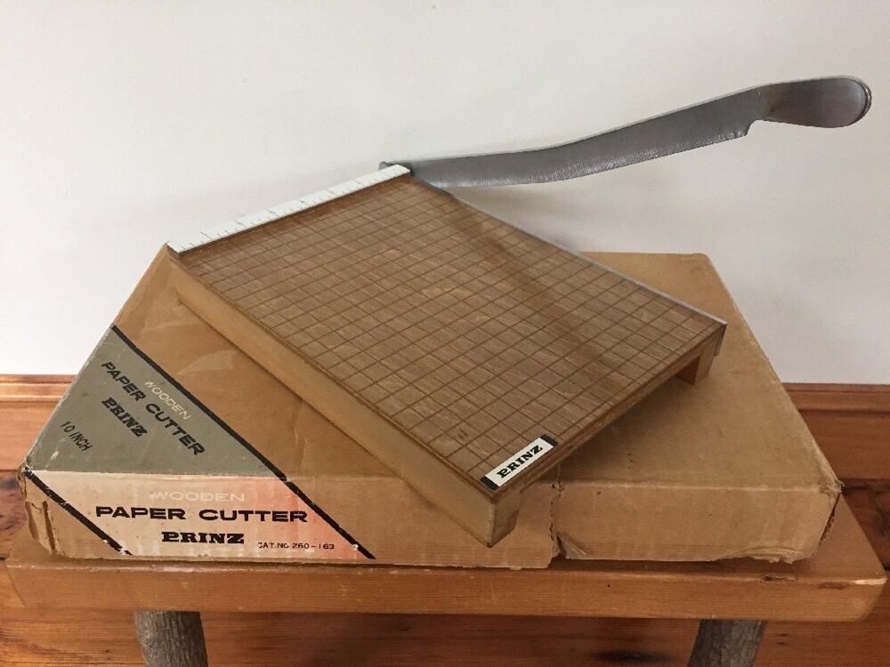 Vintage Retro Prinz 10 Inch Finished Wood Paper Cutter Trimmer w Ruler Box Japan